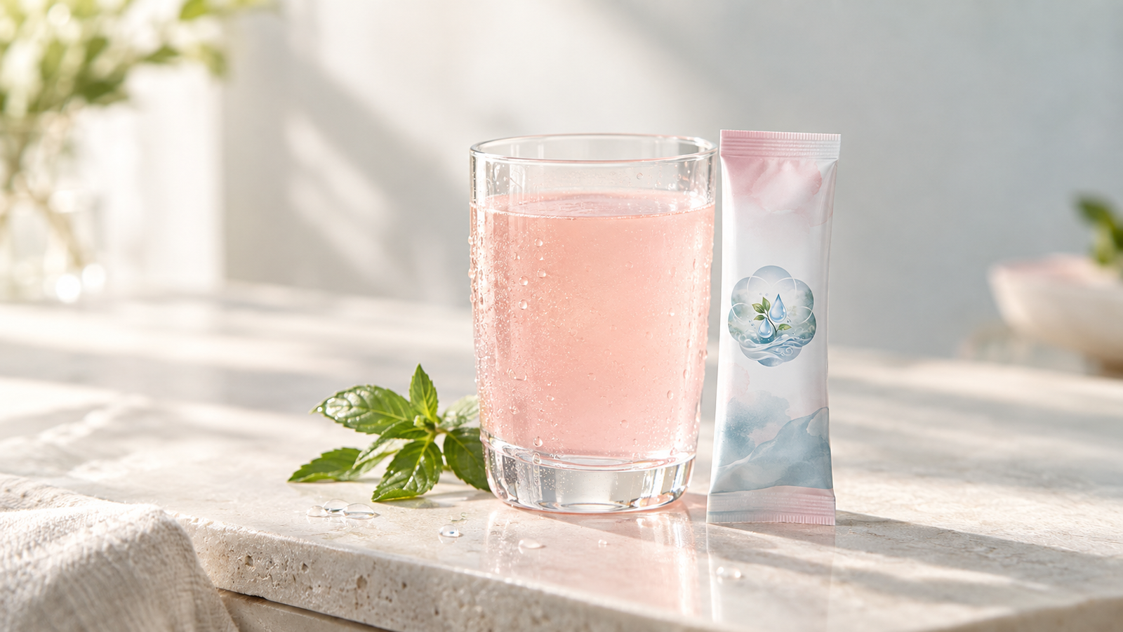 Habbit Me hydration sachet with a glass of water